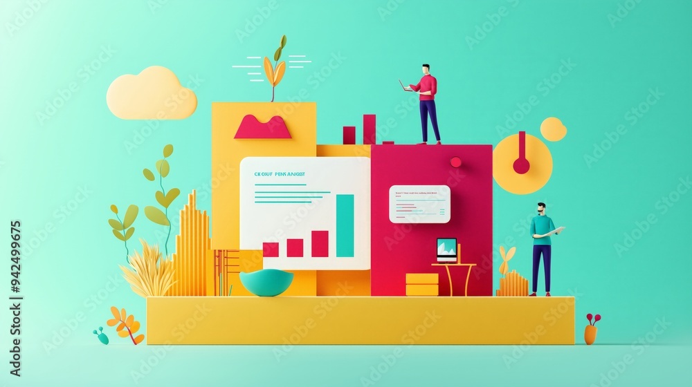 A vibrant illustration of data analysis with characters interacting with charts and graphs in a modern workspace. A vibrant illustration of data analysis with characters interacting with charts and graphs in a modern workspace.