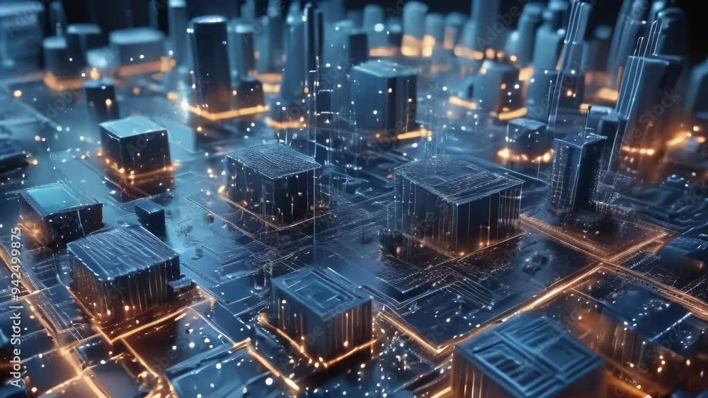 Digital Cityscape with Glowing Connections Digital Cityscape with Glowing Connections