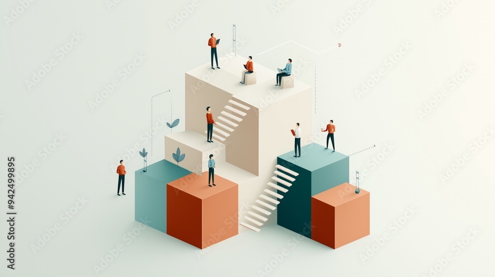 Fototapeta premium An abstract illustration depicting individuals interacting on geometric structures symbolizing teamwork and collaboration.