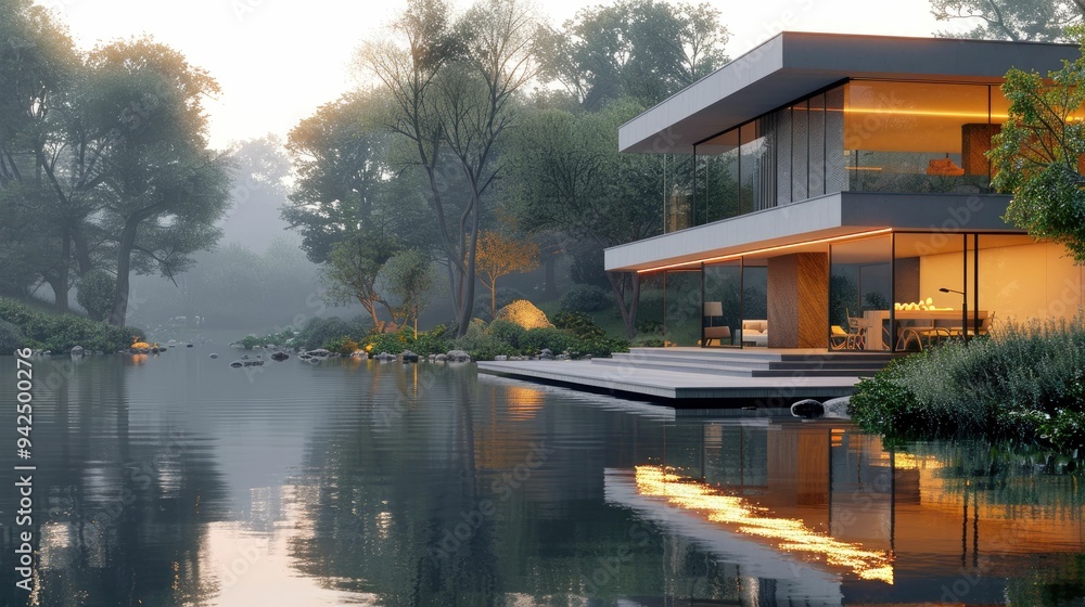 Modern House with Glass Walls Reflecting in a Still Pond Modern House with Glass Walls Reflecting in a Still Pond