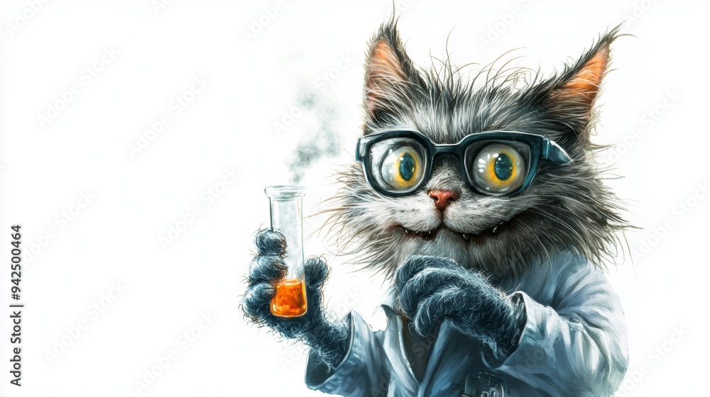 Fototapeta premium A whimsical cat in a lab coat holding a flask, portraying a scientist theme.