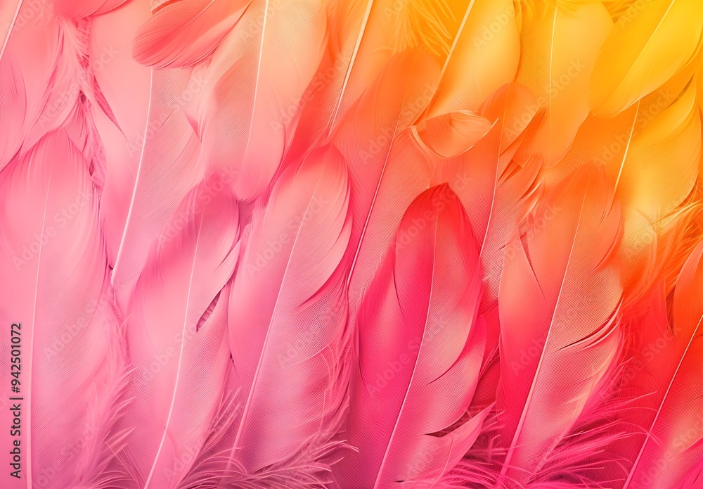 Fototapeta premium Vibrant pink and yellow gradient background with feather texture for a festive touch. The soft, fluffy feathers add an artistic feel to the design, creating a visually appealing and dynamic wallpaper 