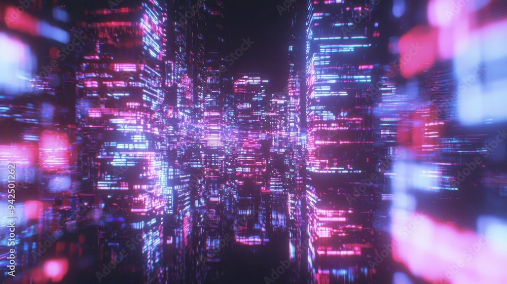 Obraz premium Abstract Neon Cityscape with Glitching Lights