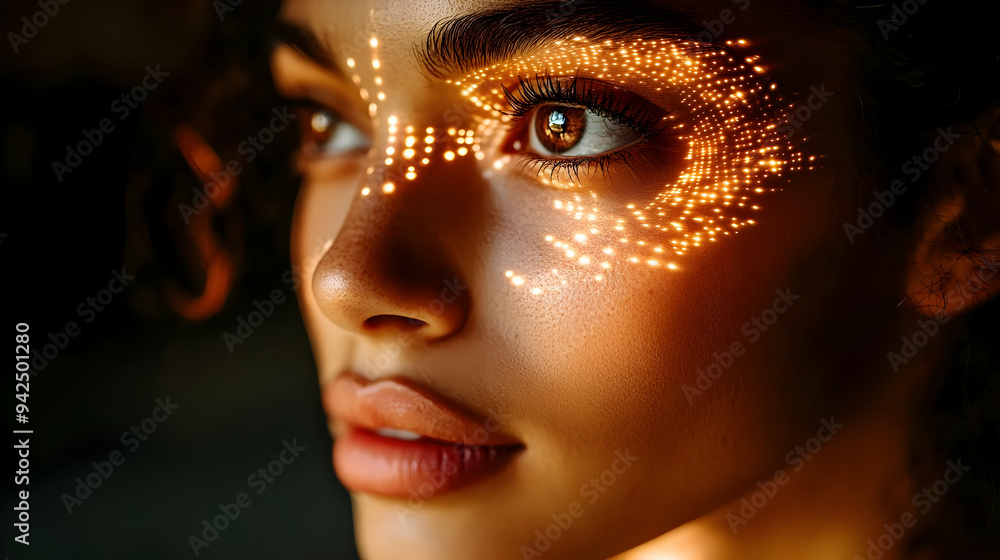 Close-up of a woman's face illuminated with warm light. Close-up of a woman's face illuminated with warm light.