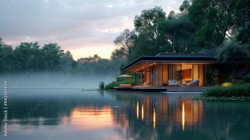 Modern House on a Lake at Sunset with Fog Modern House on a Lake at Sunset with Fog