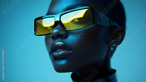 Close-up of a woman's face wearing yellow sunglasses and a blue background.