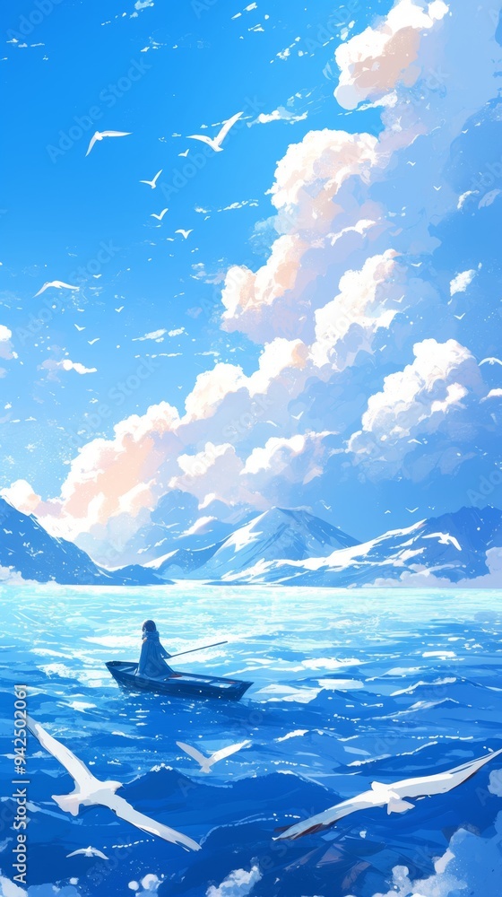Dreamy Winter Seascape: Anime-Style Ocean Wonderland with Glistening Waves, Snowy Mountains, and Soaring Seabirds - Ethereal Marketing Template for Seasonal Campaigns, Travel Inspirations, and Artisti Dreamy Winter Seascape: Anime-Style Ocean Wonderland with Glistening Waves, Snowy Mountains, and Soaring Seabirds - Ethereal Marketing Template for Seasonal Campaigns, Travel Inspirations, and Artisti