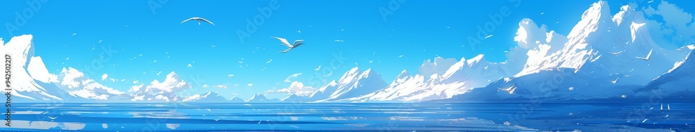 Dreamy Winter Seascape: Anime-Style Ocean Wonderland with Glistening Waves, Snowy Mountains, and Soaring Seabirds - Ethereal Marketing Template for Seasonal Campaigns, Travel Inspirations, and Artisti Dreamy Winter Seascape: Anime-Style Ocean Wonderland with Glistening Waves, Snowy Mountains, and Soaring Seabirds - Ethereal Marketing Template for Seasonal Campaigns, Travel Inspirations, and Artisti