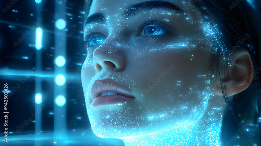 Close-up of a woman's face with blue digital particles. Close-up of a woman's face with blue digital particles.