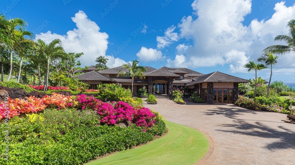 Fototapeta premium Tropical Luxury Home with Lush Landscaping and Palm Trees