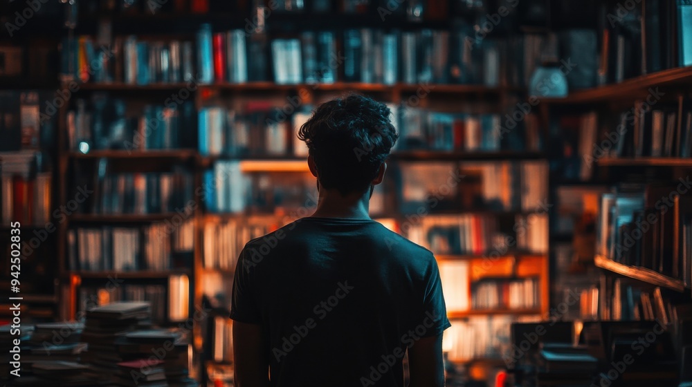 Young Man Contemplating Knowledge in a Dark Mode Setting, Emphasizing Reflection and Introspection, Focusing on Intellectual Growth and Enlightenment Young Man Contemplating Knowledge in a Dark Mode Setting, Emphasizing Reflection and Introspection, Focusing on Intellectual Growth and Enlightenment