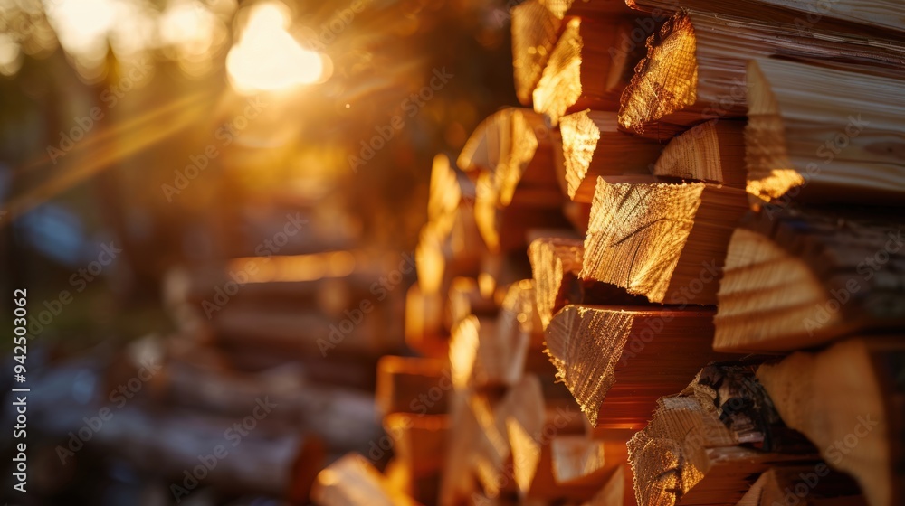 A neatly stacked pile of firewood illuminated by warm sunset light, creating a cozy and rustic atmosphere. A neatly stacked pile of firewood illuminated by warm sunset light, creating a cozy and rustic atmosphere.