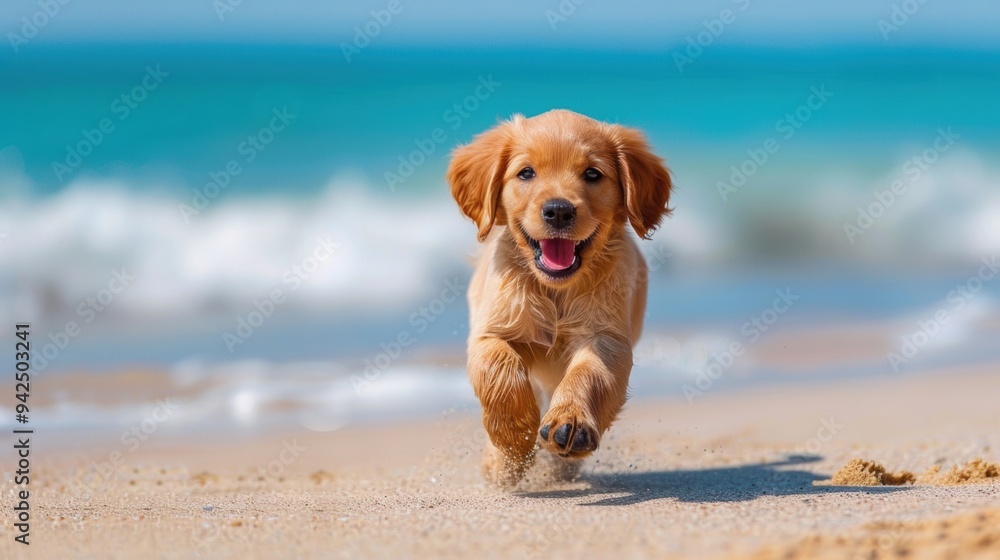 Adorable golden retriever puppy joyfully running on a sandy beach with the ocean in the background. Adorable golden retriever puppy joyfully running on a sandy beach with the ocean in the background.