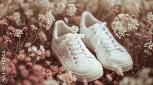 A pair of white sneakers placed among blooming wildflowers, creating a serene and nostalgic outdoor scene.