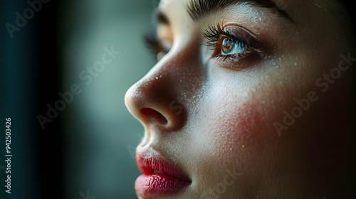 Close-up of a woman's face with dewy skin, looking off to the side, with bright eyes and red lips.