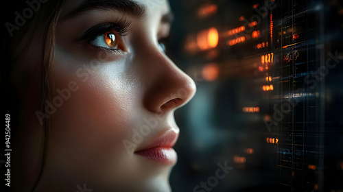 Close-up of a woman's face with glowing eyes looking at a digital screen with orange numbers and lines.