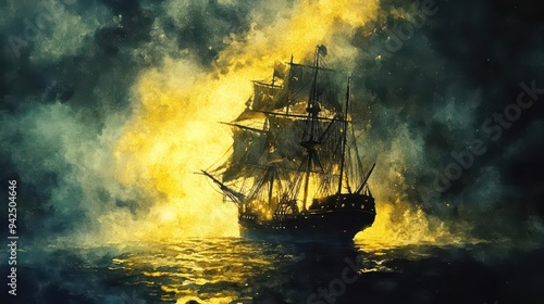 Abandoned pirate ship, glowing with cursed gold, eerie fog, Watercolor style photo