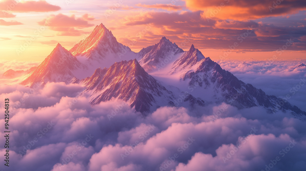 A dramatic mountain range with jagged peaks rising above a thick layer of clouds, illuminated by the setting sun. A dramatic mountain range with jagged peaks rising above a thick layer of clouds, illuminated by the setting sun.