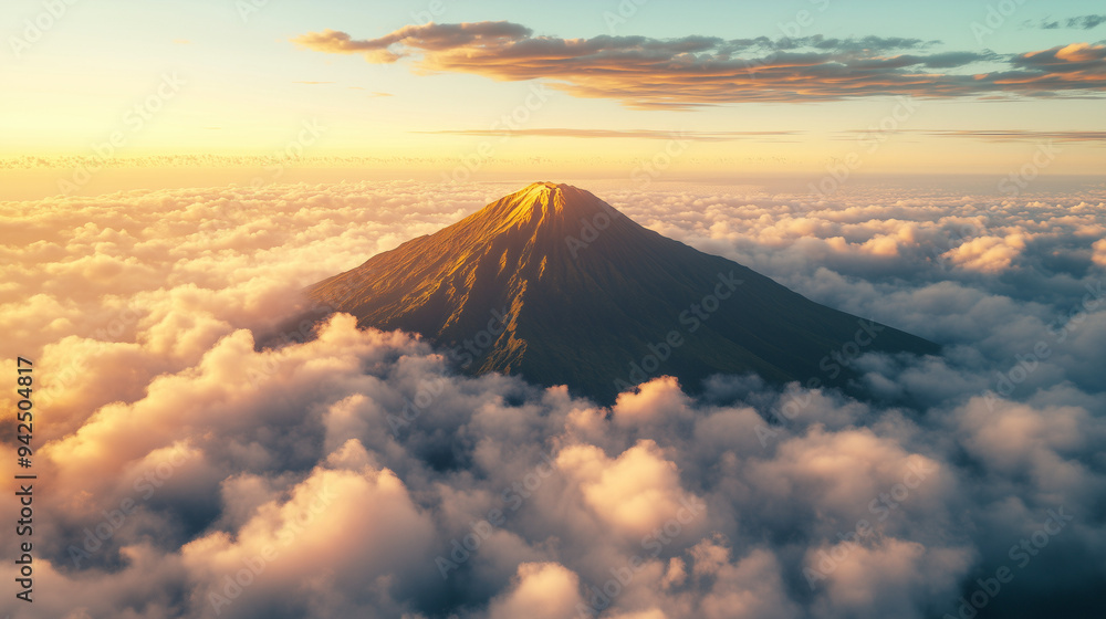 A breathtaking aerial view of a solitary mountain peak piercing through a sea of clouds, with the sun casting a golden glow on the summit. A breathtaking aerial view of a solitary mountain peak piercing through a sea of clouds, with the sun casting a golden glow on the summit.