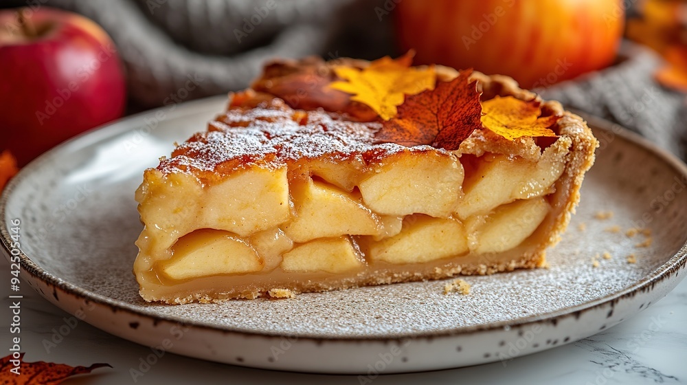 Traditional autumn apple pie. Sweet Thanksgiving dinner, fall seasonal cake with apples, cinnamon, nuts and caramel, with vanilla ice cream scoop ball, on wooden cosy background Traditional autumn apple pie. Sweet Thanksgiving dinner, fall seasonal cake with apples, cinnamon, nuts and caramel, with vanilla ice cream scoop ball, on wooden cosy background
