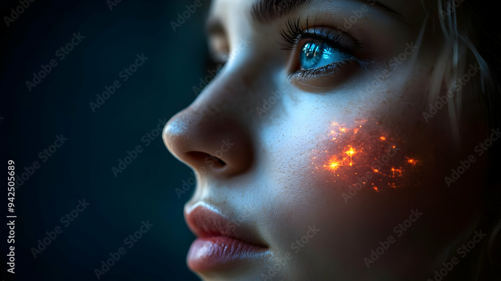 Fototapeta premium Close-up of a woman's face with glowing sparks on her cheek.