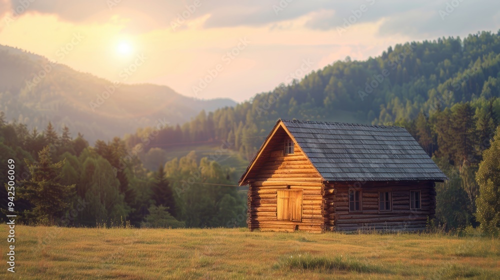Fototapeta premium A cozy log cabin situated in a beautiful mountain landscape at sunset, creating a serene and picturesque scene.