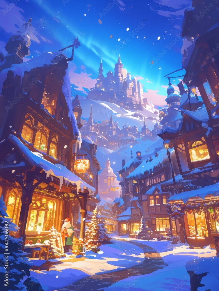 Obraz premium Enchanting Winter Wonderland: Anime-Style Snowy Town Illuminated by Northern Lights, Reflecting Christmas Magic - Creative Marketing Template for Holiday Campaigns, Seasonal Promotions, and Festive We