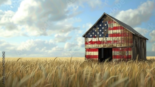 Barn painted with the American flag in a vast wheat field under a bright blue sky with scattered clouds.