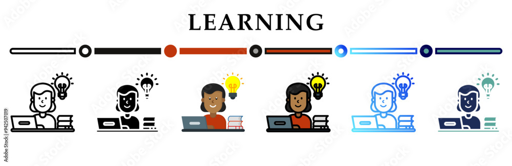 Learning icon on banner web icons collection. 6 Various style icons. For sign, symbol, element, presentation, infographic or web graphics. Vector Illustration. Learning icon on banner web icons collection. 6 Various style icons. For sign, symbol, element, presentation, infographic or web graphics. Vector Illustration.