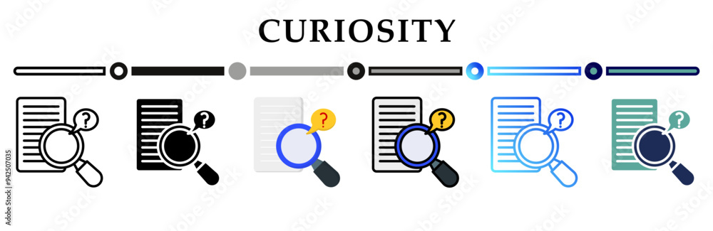 Curiosity icon on banner web icons collection. 6 Various style icons. For sign, symbol, element, presentation, infographic or web graphics. Vector Illustration. Curiosity icon on banner web icons collection. 6 Various style icons. For sign, symbol, element, presentation, infographic or web graphics. Vector Illustration.