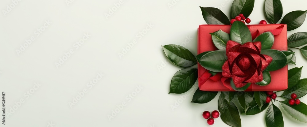 Christmas Gift Box with Red Ribbon and Holly Leaves Christmas Gift Box with Red Ribbon and Holly Leaves