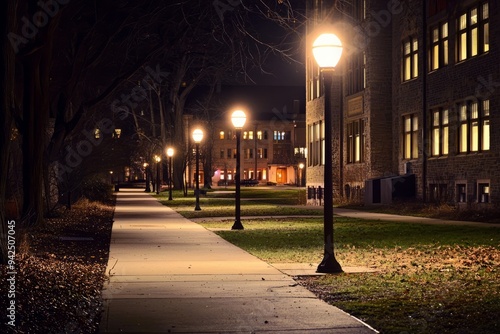The college campus at night features a quiet, empty pathway lined with glowing lampposts. The buildings are lit, Generative AI