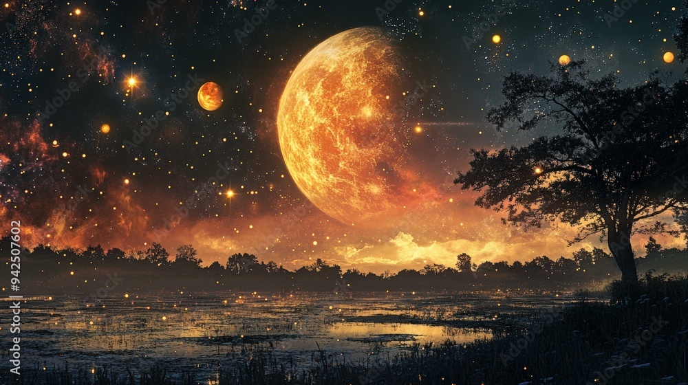 Mystical Night Sky with Large Orange Moon and Floating Lights Mystical Night Sky with Large Orange Moon and Floating Lights