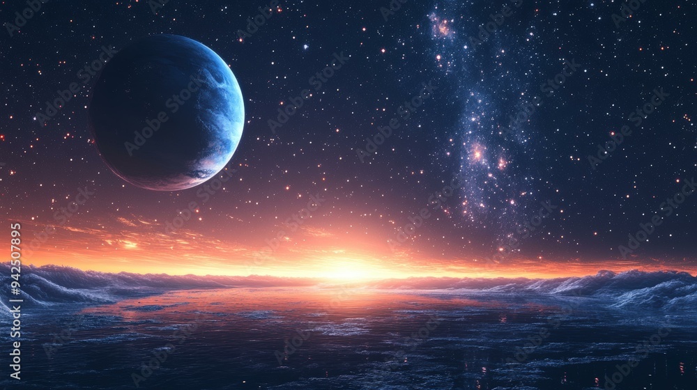 Alien Planet Sunset with Distant Galaxy Alien Planet Sunset with Distant Galaxy