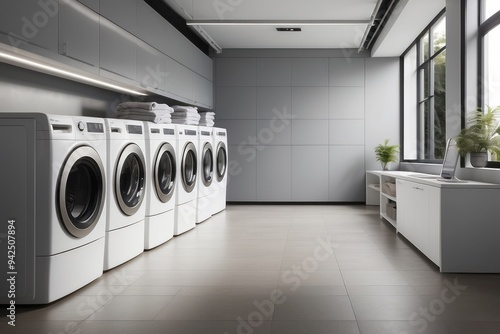 Modern Laundry Room with White Appliances and Grey Walls