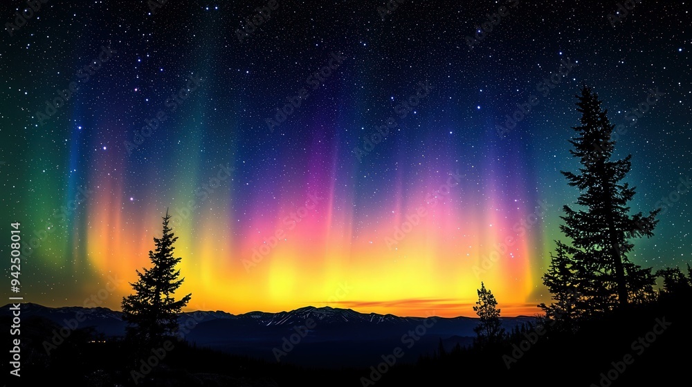 Fototapeta premium Colorful Aurora Borealis Over Silhouetted Mountains