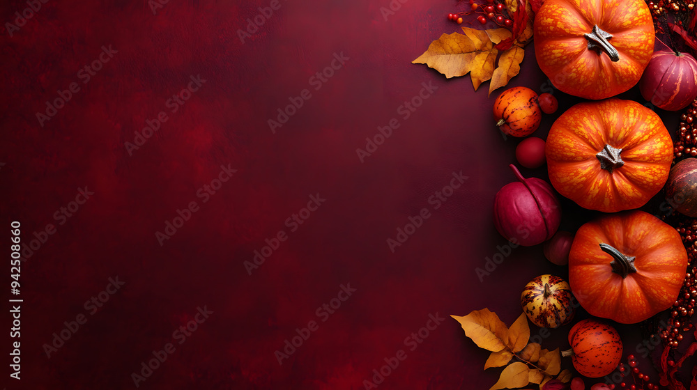 A cluster of pumpkins and fall leaves arranged on a deep red background. A cluster of pumpkins and fall leaves arranged on a deep red background.