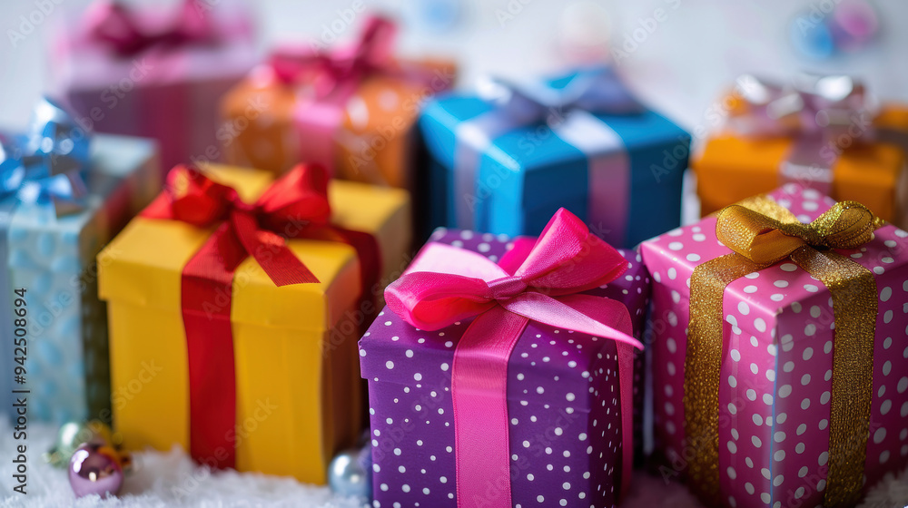 A collection of brightly wrapped gift boxes with bows, perfect for any celebration or holiday. A collection of brightly wrapped gift boxes with bows, perfect for any celebration or holiday.
