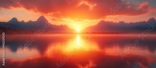 Sunset Over Mountains and Lake