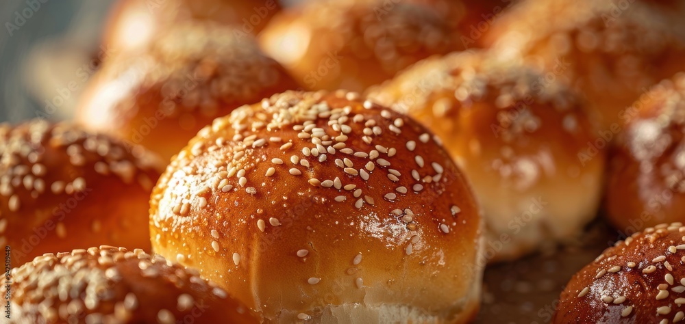 Close-up of freshly baked buns topped with sesame seeds, highlighting their golden-brown crust and delicious texture. Close-up of freshly baked buns topped with sesame seeds, highlighting their golden-brown crust and delicious texture.