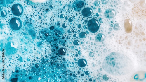 Close-up of blue soap bubbles and foam, showing abstract texture and water droplets in a soapy cleaning solution.