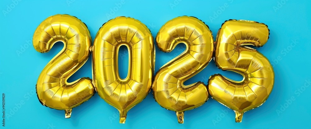 Golden Balloons Forming the Number 2025 on a Blue Background Golden Balloons Forming the Number 2025 on a Blue Background