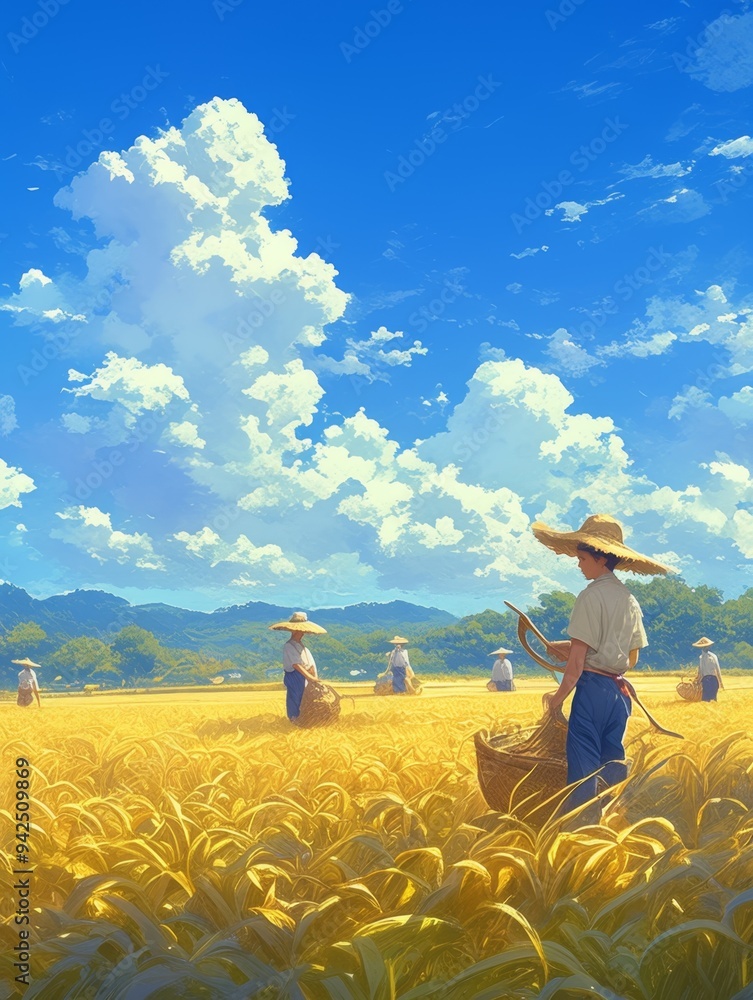Fototapeta premium Golden Harvest Joy: Anime-Style Illustration of Hardworking Farmers in Sunlit Rice Fields - Inspiring Rural Scene for Agricultural Marketing, Cultural Campaigns, and Seasonal Promotions