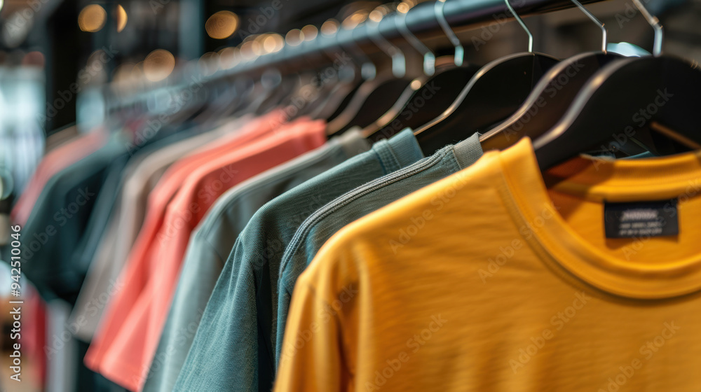 Row of colorful t-shirts neatly hanging on a rack, showcasing fashion and retail display in a clothing store. Row of colorful t-shirts neatly hanging on a rack, showcasing fashion and retail display in a clothing store.