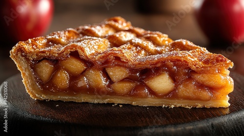 Traditional autumn apple pie. Sweet Thanksgiving dinner, fall seasonal cake with apples, cinnamon, nuts and caramel, with vanilla ice cream scoop ball, on wooden cosy background