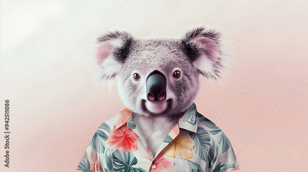 A chic, fashion-forward illustration of a koala posing as if in a photoshoot, wearing a trendy Hawaiian shirt with a modern, minimalist floral design A chic, fashion-forward illustration of a koala posing as if in a photoshoot, wearing a trendy Hawaiian shirt with a modern, minimalist floral design