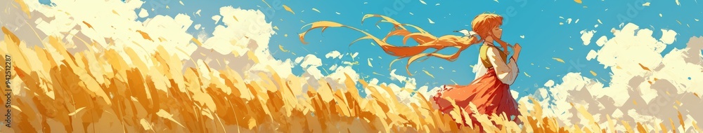 Autumn Harvest Joy: Anime-Style Illustration of Young Woman in Traditional Dress Amidst Golden Sorghum Fields - Vibrant Cultural Scene for Agricultural Marketing, Seasonal Promotions, and Ethnic Diver Autumn Harvest Joy: Anime-Style Illustration of Young Woman in Traditional Dress Amidst Golden Sorghum Fields - Vibrant Cultural Scene for Agricultural Marketing, Seasonal Promotions, and Ethnic Diver