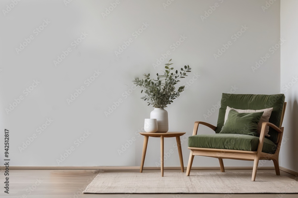 Green Velvet Armchair with Wooden Frame and Side Table in Minimalist Room Green Velvet Armchair with Wooden Frame and Side Table in Minimalist Room