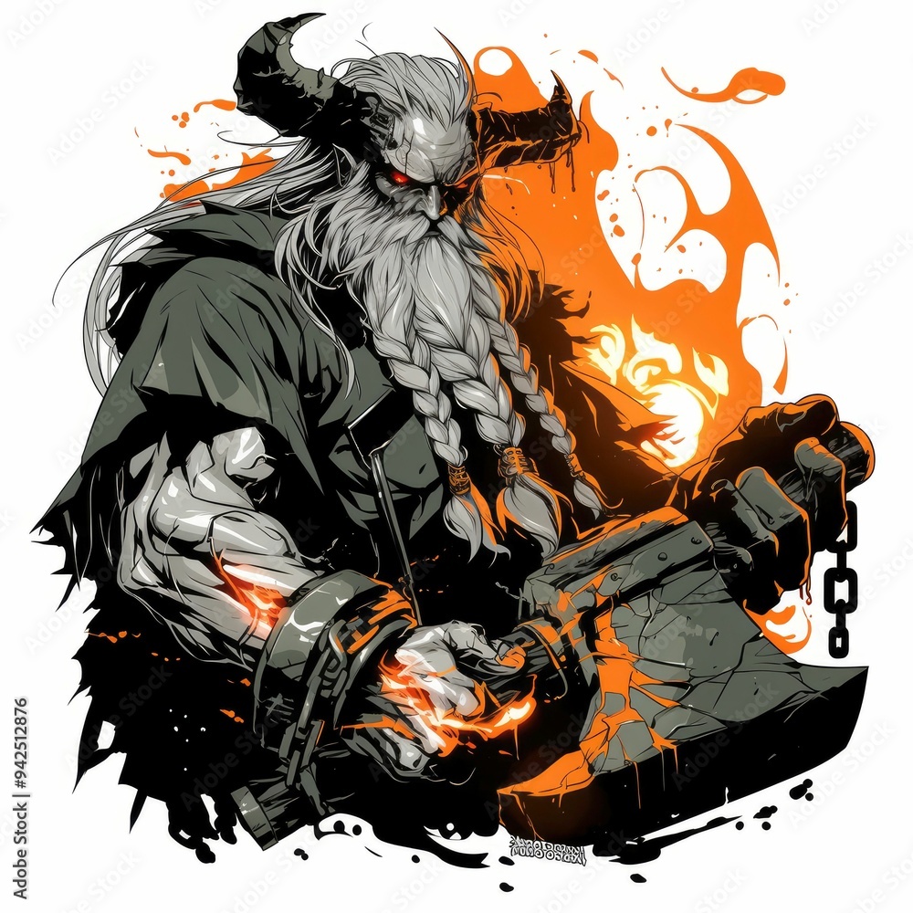 Powerful, White-Haired Warrior with a Large Axe and Flames Powerful, White-Haired Warrior with a Large Axe and Flames