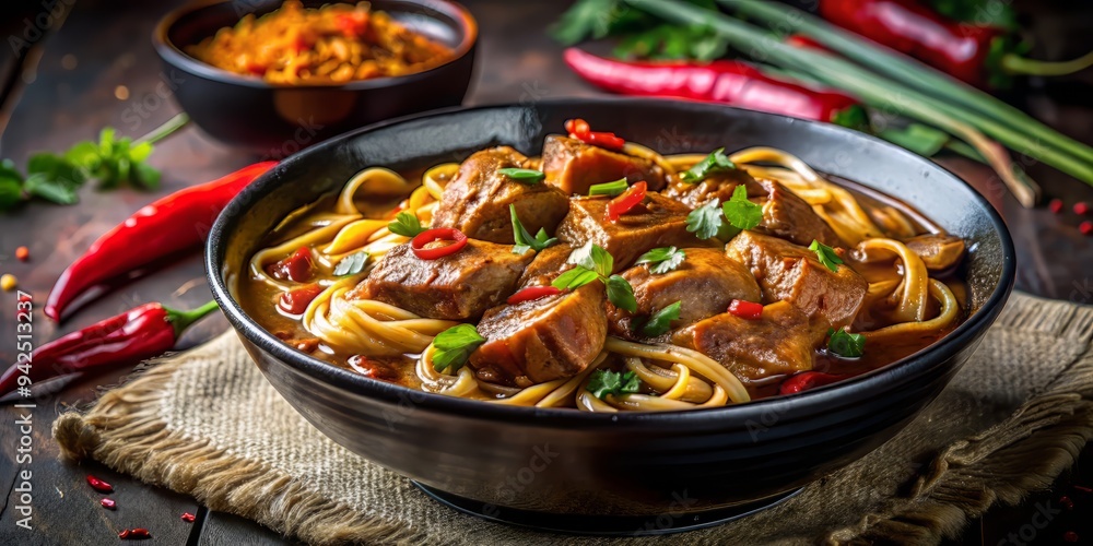 Dark, moody tones and shallow depth of field draw attention to the succulent, slow-cooked pork and silky noodles, swaddled in a rich, spicy curry sauce, radiating indulgent comfort food Dark, moody tones and shallow depth of field draw attention to the succulent, slow-cooked pork and silky noodles, swaddled in a rich, spicy curry sauce, radiating indulgent comfort food